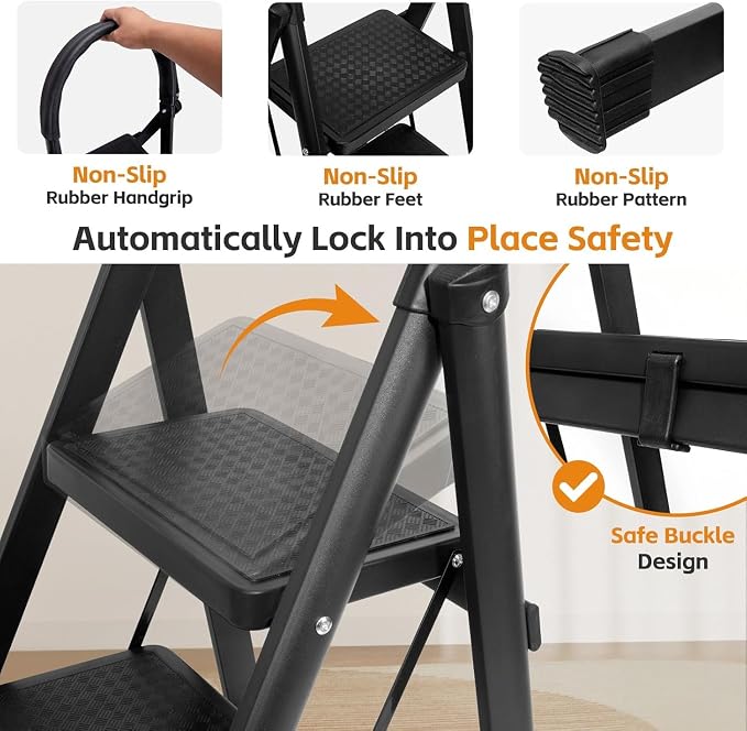 3 Step Ladder, Folding Step Stool with Wide Anti-Slip Pedal, Sturdy Step Ladder Foldable, Lightweight Portable Steel Step Stool for Kitchen, Home (Black, 3-Step)