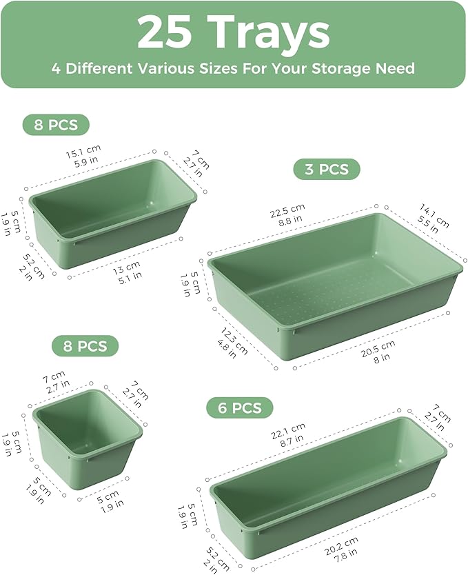 BiuLeon 25 PCS Plastic Drawer Organizers Set, 4-Sizes Vanity and Makeup Organizer, Desk and bathroom Drawer Organizer Trays, Organizers and Storage for Makeup, Jewelry, Gadgets, Utensils (Green)