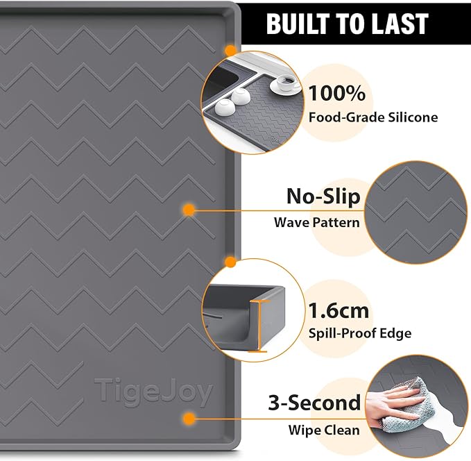 TigeJoy 25" x 22" Under Sink Mat for Kitchen – Waterproof Silicone Cabinet Protector, Leak-Proof Liner with Raised Edges, Non-Slip Under Sink Organizer Tray for Cabinets, Boot Tray, Pet Feeding Mat