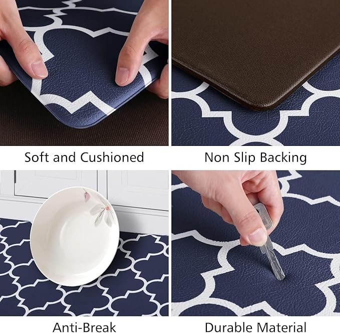 KMAT Kitchen Mat [2 PCS] Cushioned Anti-Fatigue Area Rug Sets, Waterproof Non-Slip Kitchen Mats and Rugs Heavy Duty PVC Ergonomic Comfort Foam Rug for Kitchen, Floor Home, Office, Sink,Blue