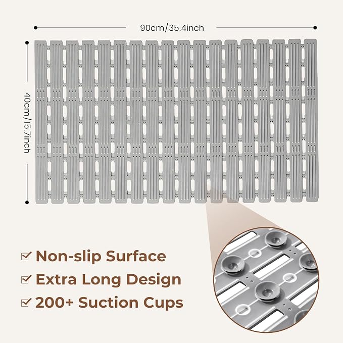 Bathtub Mat Non Slip for Bathroom with Suction Cups and Drain Holes 35.4 * 15.7 Shower Mat for Inside Shower, Quick Dry Bath Mat for Baby Kids Seniors Pregnants Adults, Easy to Cut, Easy Dry