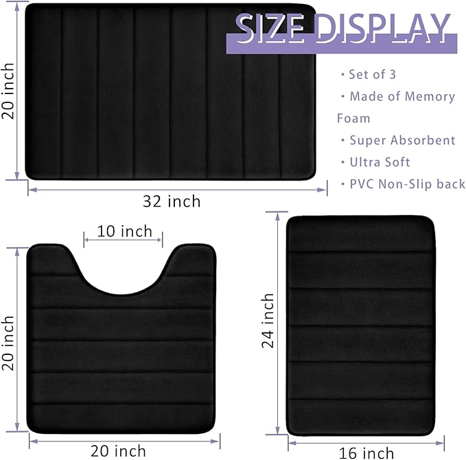 Bathroom Rugs Set Memory Foam Bath Rugs Non-Slip Bath Mat Set 3 Piece,Washable Bathroom Mats,Absorbent Shaggy Rugs Super Soft U-Shaped Toilet Rug,Bahroom Carpets for Bathroom,Tub,Shower（Black）