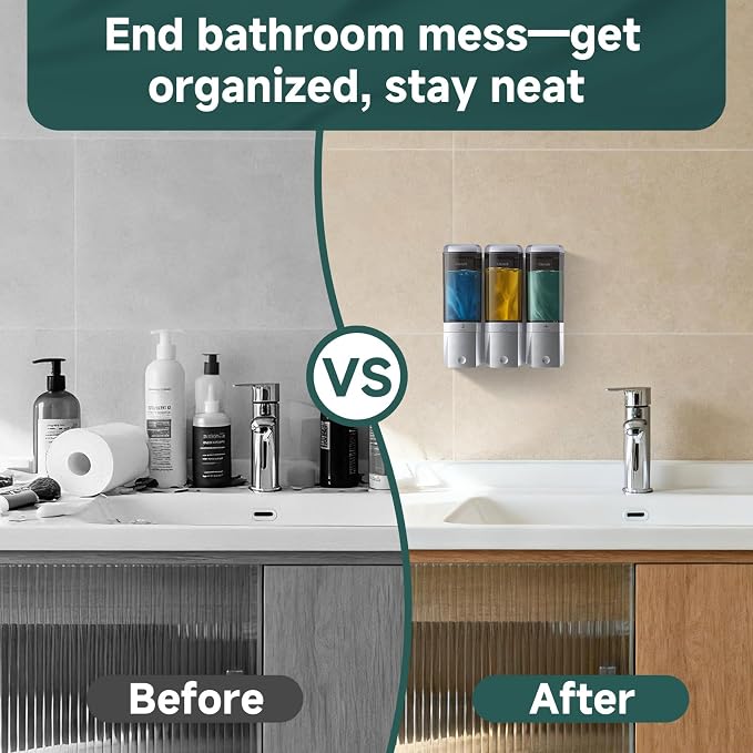 Shampoo and Conditioner Dispenser Wall Mounted No Drill, Shower Soap Dispenser 3 Chamber Shampoo Conditioner Body Wash Refillable 3 * 17oz Shower Soap Dispenser for Bathroom Hotel, Silver+Smoke Gray