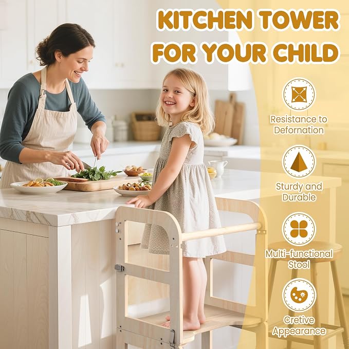 Woodure 6 in-1 Toddler Kitchen Step Stool with Wooden Stool, Foldable Learning Standing Tower with Blackboard & Feeding Tray, Wooden Kitchen Stool Helper for Kids, 1-3 Year Old Boy Girl Gifts