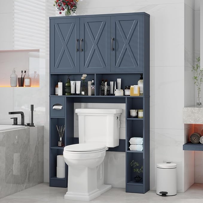 Over The Toilet Storage Cabinet, Farmhouse Toilet Cabinet Rack with 3 Barn Doors, Space Saving Bathroom Organizer with Shelves, Toilet Paper Holder and Towel Rack for Bathroom,Restroom,Laundry,Blue