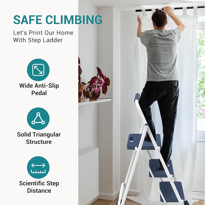 OLIXIS 3 Step Ladder, 880lbs Heavy Duty Sturdy Step Stool with Anti-Slip Pedal & Comfortable Handrail, Portable Step Stool for Kitchen, Garage & Outdoor Use, Blue