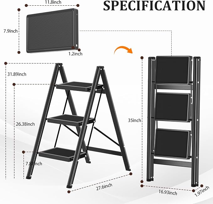DIAMONDFORGE 3 Step Ladder, Folding Step Stool with Anti-Slip Wide Pedal, Anti-Slip Feet, Sturdiest Steel Construction, Steel Ladder for Home and Office, Black