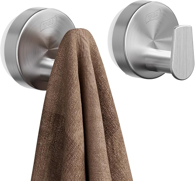 TAILI 304 Stainless Steel Bathroom Suction Hooks for Towel, Bathrobe, Loofah, Patented Strong Suction Cup Holder, No Damage Hanging Glass Shower Wall Hook, Retro High-Rise Design, 2 Pack, Silver