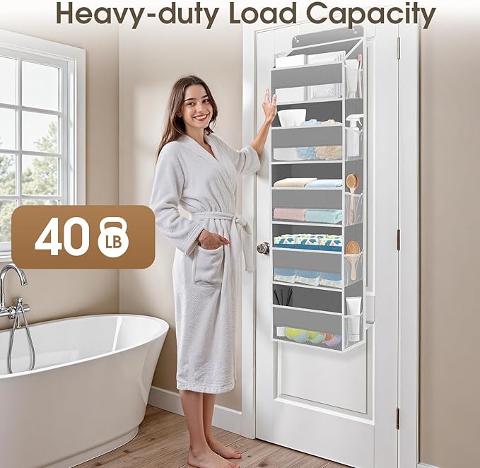 SpaceHacks 2 Pack Over The Door Organizer, Hanging Storage Organizer with Clear Window, 40lb Ultra Sturdy Large Capacity Room Organizer for Pantry Laundry Bathroom Nursery Closet (Grey)