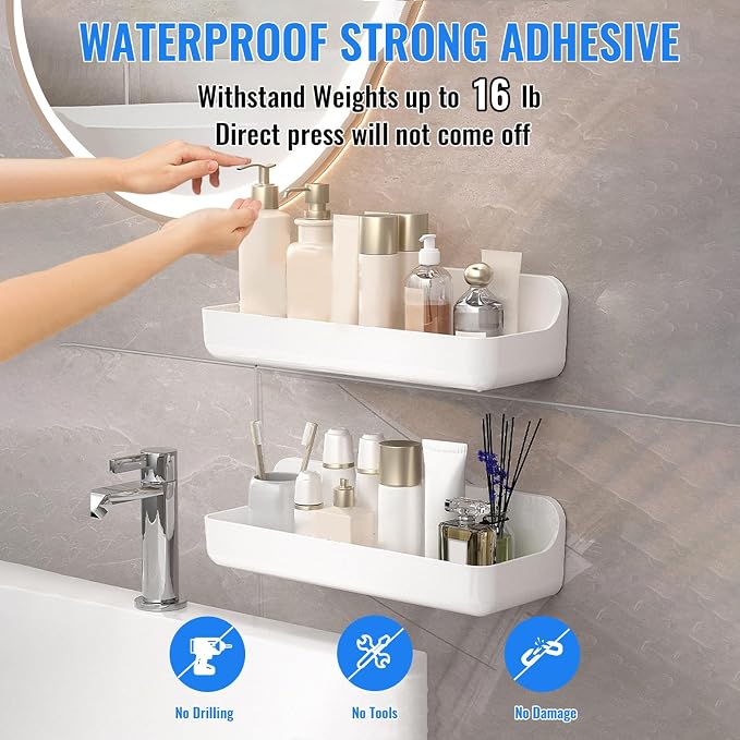 Diesisa 2pc Acrylic Wall Mounted Shower Caddy, Adhesive Shelf, Bathroom Shelves for Wall, No Drilling Hang Walls,Stick on Shelf, with Self Adhesive Tape, for Bathroom, Kitchen, Living Room