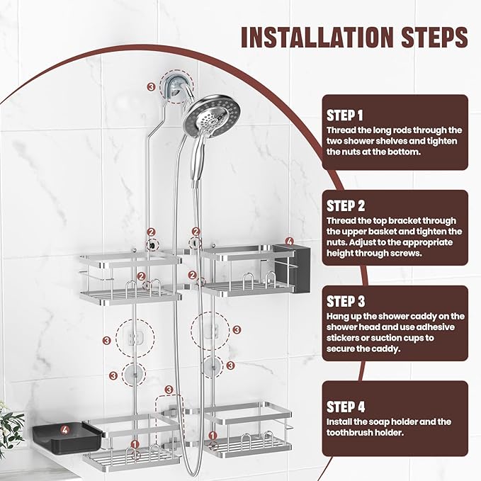 REINHARDT Adjustable Shower Caddy Hanging Rustproof Shower Caddy for Handheld Showerheads, Shower Organizer with Hooks Soap Holder, Anti-Swing Shower Rack Bathroom Accessories, Silver