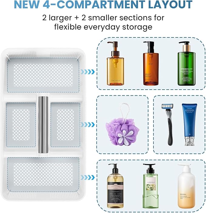 BYUNER Plastic Shower Caddy Dorm: Portable Shower Basket Tote with Handle, 4 Compartments, All-Side Drainage, Hard Bathroom & Cleaning Caddy Organizer for college Dorm Room Essentials, White/Silver