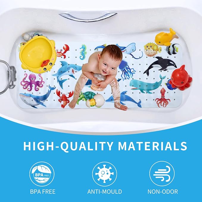 Baby Bath Mat for Tub Non Slip Kids Bathtub Mat Extra Long 40X16 Inch Toddler Bath Tub Shower Mat Anti Slip with Suction Cups & Drain Holes, Machine Washable (Ocean Animals)