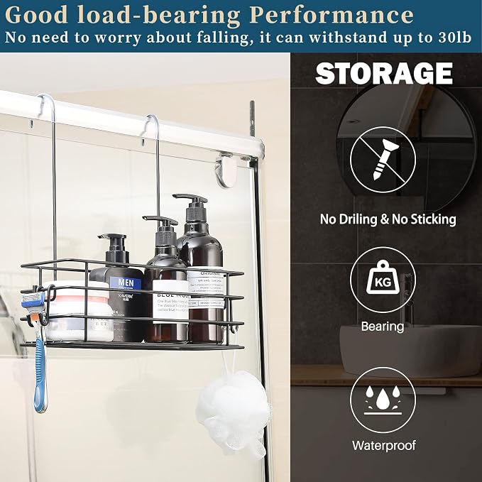 2pcs Single-Layer Shower Caddy Hanging Shower Orangizer Stainless Steel Shower Rack with Hooks Over The Door, Shampoo Basket Storage (Black)