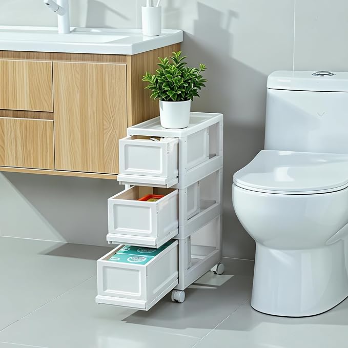 Narrow Plastic Storage Drawers: 3 Drawer Storage Organizer with Wheels, Narrow Storage Cabinet, Rolling Storage Cart for Narrow Space, 7.87-inch Wide (All-White)