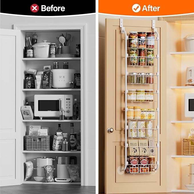 Delamu Narrow Over The Door Pantry Organizer, 8-Tier Metal Pantry Door Organization and Storage for Easy Install, Hanging Spice Rack Shelves, Door Organizer for Kitchen, 4.65"D x 13"W x 65"H, White