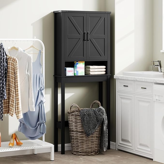 Halitaa Over The Toilet Storage Cabinet, Farmhouse Over Toilet Bathroom Organizer with 2 Barn Doors, Narrow Above Toilet Storage Cabinet, Behind Toilet Bathroom Organizer, Black