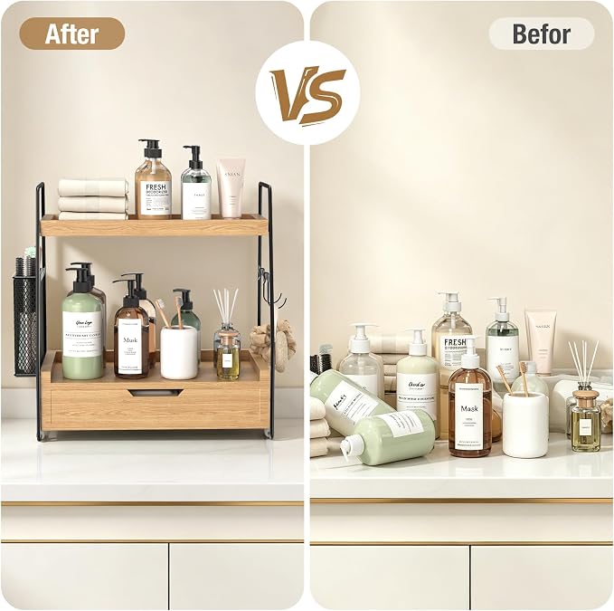 2-Tier Bathroom Counter Organizer with Drawer and Removable Basket, Wood Vanity Countertop Storage for Perfume, Makeup, Skincare, Bathroom Counter Shelf, 13" x 7.9" x 14.5", Light Brown