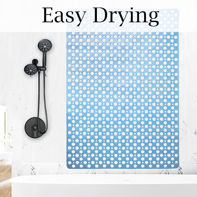 Non Slip Large Shower Mat 35.4"*23.6", TPE Bath Mats for Inside Outside Shower,Extra Large Bathtub Mat with Suction Cups and Big Drain Holes,Blue