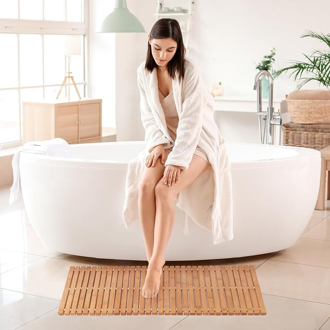 Bath Mat Bathroom Runner Long Large Rugs Floor Wood Shower Bathtub Waterproof Non Slip Accessories 16x34 Inch Easy to Clean, Natural, 1 pc