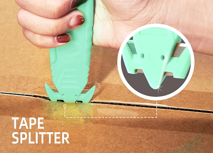 Safety Box Cutter, T TOVIA SK2 Stainless Steel Concealed Blade Package Opener with Tape Splitter for Cartons, Cardboard, Wrap, Straps, Film (10 Pieces - Green)