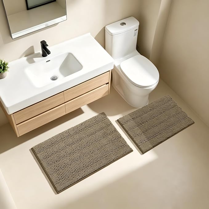 Bcoimo Bathroom Rug Set, Chenille Bath Mat Set with High Low Pile Design, Soft Absorbent Non Slip Bathroom Rugs, Machine Washable Quick Dry Mats for Shower, Tub, Sink and Vanity