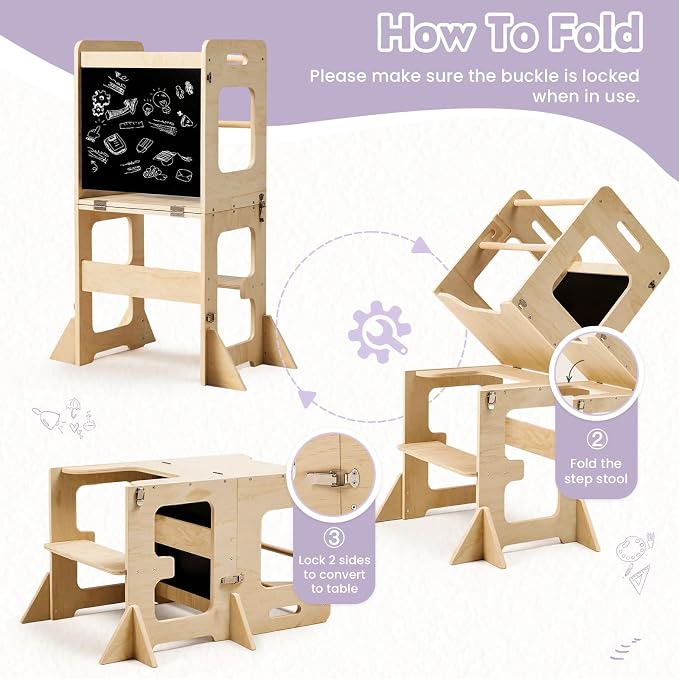 labebe Toddler Standing Tower for 12M+, Montessori Foldable Learning Standing Tower with Blackboard, Anti-tip Structure Design,Wooden Kitchen Step Helper Stool for 1-3 Year Old Boy Girl Gift