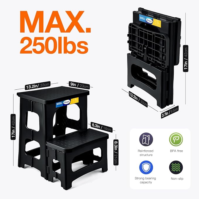 Korpai Folding 2 Step Stools,8" & 17" Dual Heights,Folding Step Hold up to 250 lbs,Step Stools for Adults and Kids,Step Stool for Dorm Bed,Kitchen Bedroom Office,Truck ect,Black
