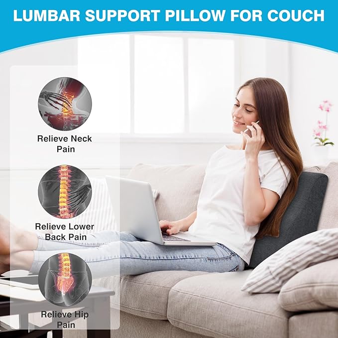 Back Support Pillow for Recliner Dual Layer Lumbar Support Pillow with Gel Memory Foam Ergonomic Orthopedic Lumbar Cushions for Elderly Lower Back Pain Relief Washable Cover Dark Grey
