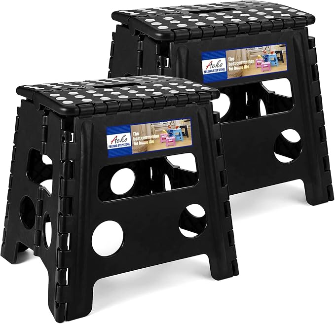 ACKO 2PACK Folding Step Stool - 13" Height Premium Heavy Duty Foldable Stool for Kids and Adults, Kitchen Garden Bathroom Stepping Stool (Black, 2PACK)