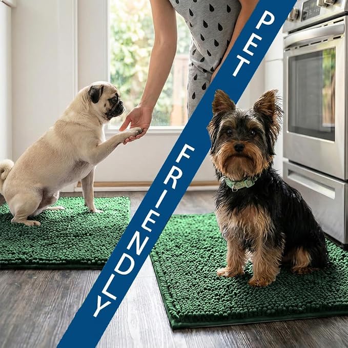 Bathroom Rugs Sets 2 Piece,Super Absorbent Chenille Bath Mats and U-Shaped Toilet Rug,Strong PVC Non Slip Backing,Microfiber Washable Dry Quickly Bath Mats for Bathroom(20"x32"+20"x20"U, Dark Green)