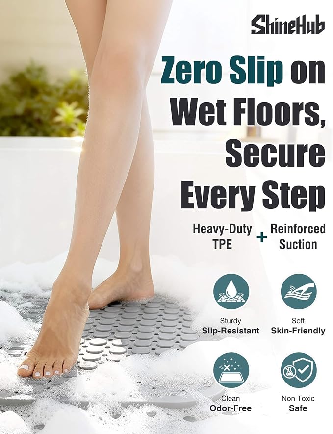 Non Slip TPE Bath Mat, Heavy Non Floating Shower Mat, 28x16, Gray | Strong grip, 166 suctions, 144 drains, 7mm extra-thick cushioned layer, washable, for bathroom shower tub floor