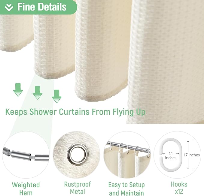 Dynamene Long Fabric Shower Curtain - Waffle Textured Tall Heavy Duty Cloth Shower Curtains for Bathroom, 256GSM Large Hotel Spa Luxury Bath Curtain Set with 12 Plastic Hooks(72Wx80H, Cream/Ivory)