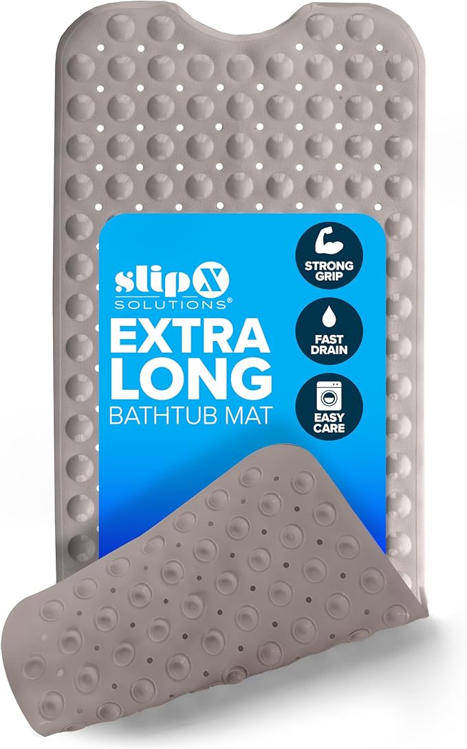 SlipX Solutions Power Grip Extra Long Bath Tub & Shower Mat 39x16, Wet Floor Non-Slip for Elderly & Kids Bathroom, 30% Longer Bathtub Mats, 200 Suction Cups, Drain Holes, Machine Wash, Tan