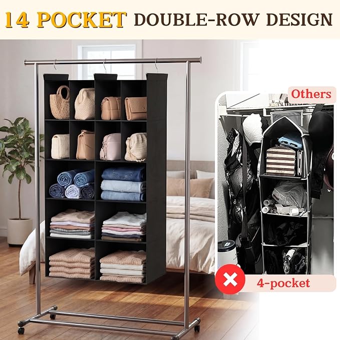 Ofiray-home 5 Tier Hanging Closet Organizer, 14 Compartments Sweater Organizer for Closet with 3 Sturdy Hooks, Closet Organizers and Storage, Wardrobe, Rv, Garment Rack, Black