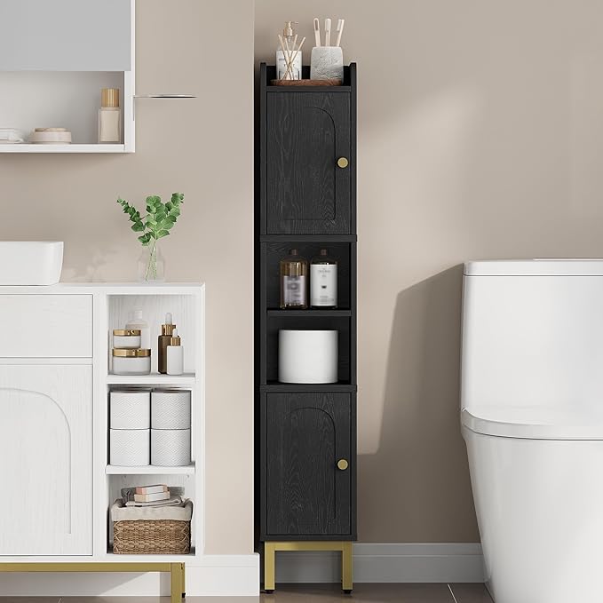Hzuaneri Slim Bathroom Storage Cabinet, Narrow Bathroom Organizers and Storage with 4 Adjustable Feet, Laundry Room Organization for Small Space, Kitchen, Living Room, 2 Doors Black BC22404G