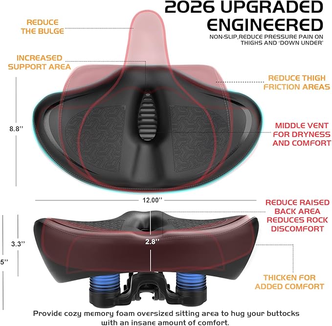 Noseless Bike Seat Cushion for Men & Women - Extra Padding & Comfort Wide Bicycle Seat, Oversized Comfortable Saddle for Peloton Bikes, Exercise Bikes, Electric Bikes, Cruiser Bikes