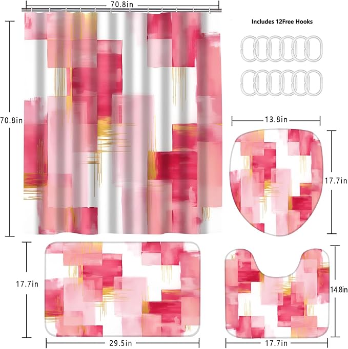 Yddsky 4 Pcs Pink and Gold Geometric Shower Curtain Sets Non-Slip Bath Rugs, Bathroom Accessories,Bathroom Sets with Shower Curtain and Rugs, Pink Geometric Modern Bathroom Decor with 12 Hooks