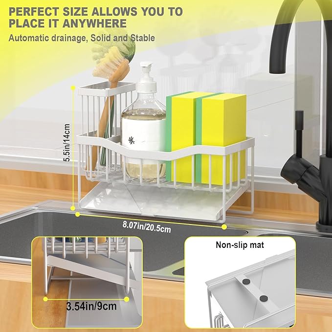 Fssvcd Maifan Sink Caddy Sponge Holder for Kitchen with Brush Holder and Stainless Steel Self Drain Tray, Rustproof Kitchen Sink Organizer for Sponge, Soap Dispenser Storage Accessories