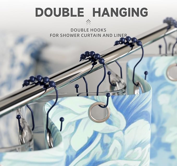Bathway Shower Curtain Hooks, Shower Curtain Rings Rust Proof Navy Blue Double Hook Shower Curtain Hooks, 12 Pcs Shower Hooks for Shower Curtain, Shower Rings for Curtain, Metal Shower Rod Hooks