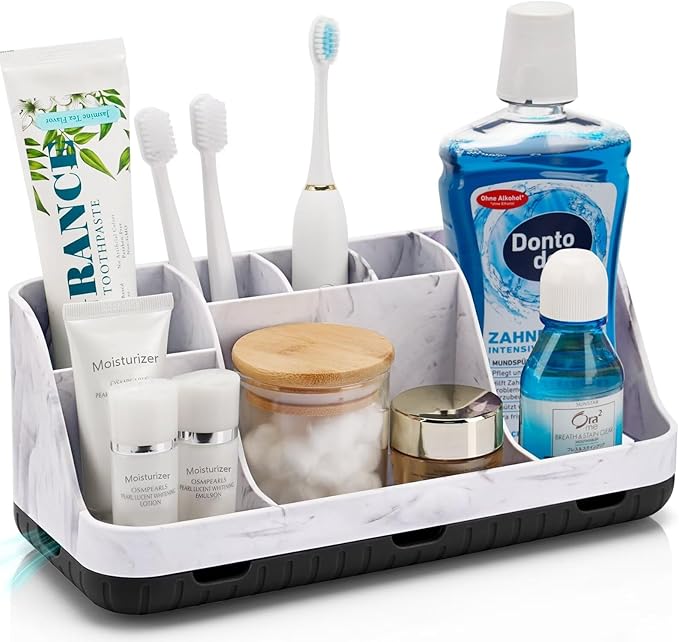 GFWARE Marble Bathroom Countertop Organizer - Detachable 7 Slots Kids Electric Toothbrush and Toothpaste Holde Drainage for Bathroom Accessories Organization Counter Vanity Storage, Black