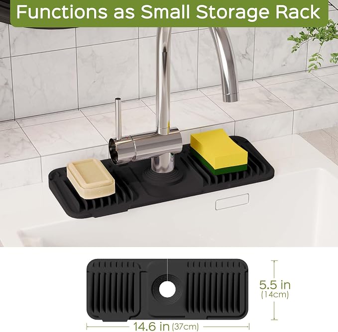15 Inch Silicone Faucet Mat for Kitchen Sink Splash Guard – 2025 Upgraded Draining Mat with Water Tray Behind Faucet – Countertop Protectors to Catch Spills (Black, 14.6" x 5.5")
