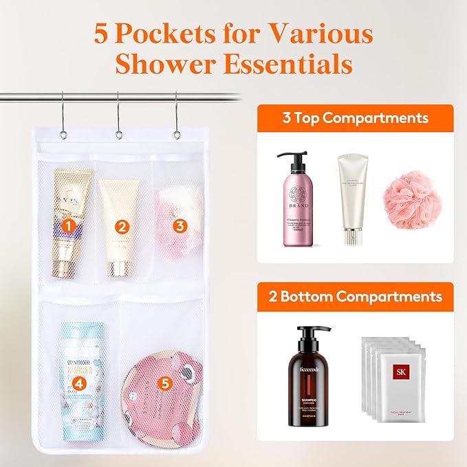 Lifewit Mesh Shower Caddy, 5 Pockets Hanging Shower Organizer with Quick Drying Mesh, Portable Space Saving Bathroom Organizer to Hold Soap, Shampoo and Cruise Ship Essentials, White, 2 Pack
