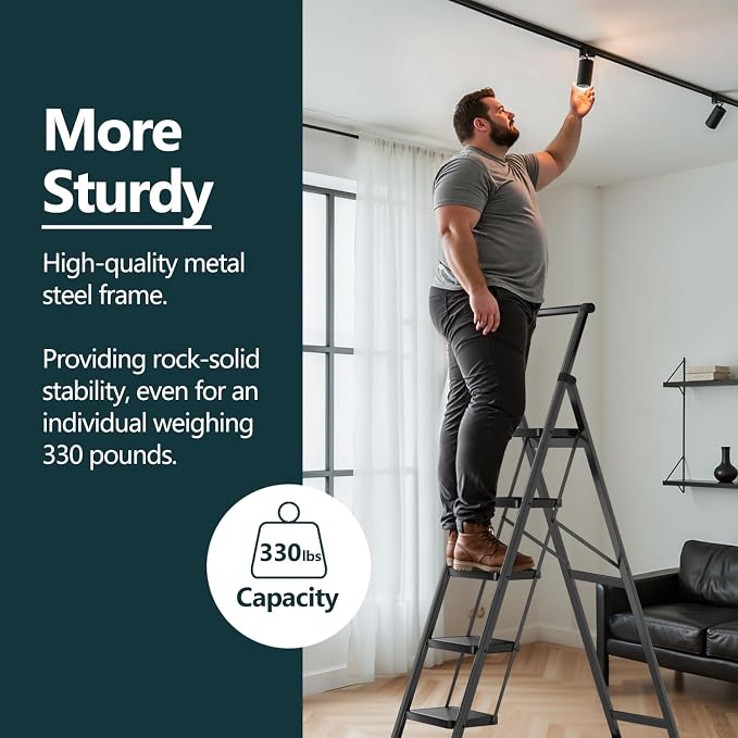 WOA WOA Step Ladder for Home, Foldable Step Stool for Kitchen with Non-Slip Pedals, Sturdy Ladders Supports up to 330 lbs, Compact and Portable - 5 Step with Handle/Black