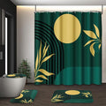 Boho Mid Century Shower Curtain Set with Toilet Lid Cover and Non-Slip Rugs, Abstract Geometric Dark Green 4 Pcs Modern Minimalist Shower Curtain for Bathroom Set with 12 Hooks
