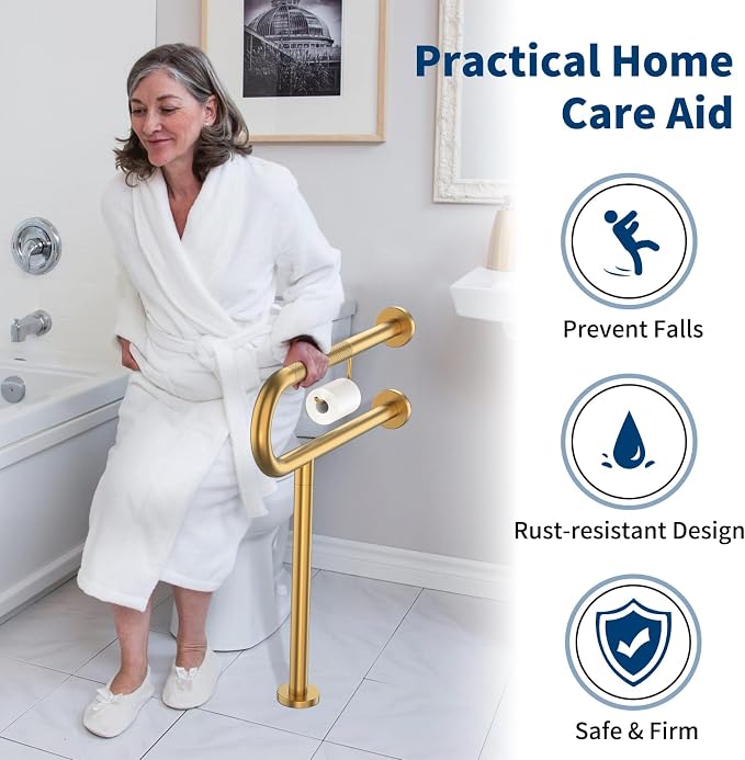 Toilet Grab Bar with Leg 24x28 Inch, ZUEXT Brushed Gold Knurled Toilet Support Bar with Toilet Paper Holder, Stainless Steel Wall & Floor Mounted Bathroom Support Rail for Elderly Disabled Pregnant