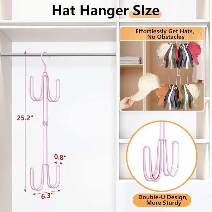 NANATI Hat Hangers for Closet, Stainless Steel Hat Organizer, Hat Racks for Baseball Caps, Cap Organizer for Baseball Caps, 1 Pack, Pink