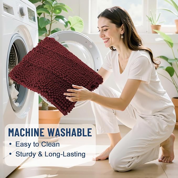 Grandaily Chenille Striped Bathroom Rugs 44x24, Extra Thick and Soft Absorbent Bath Mats, Rubber Backing, Plush Shaggy Shower Carpet, Machine Wash Dry, Bath Rug for Bathroom, Reddish Brown