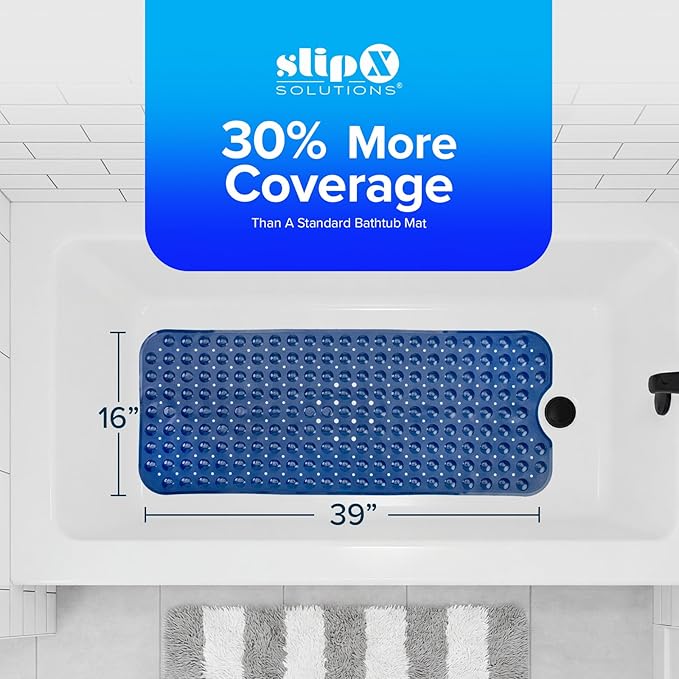 SlipX Solutions Power Grip Extra Long Bath Tub & Shower Mat 39x16, Wet Floor Non-Slip for Elderly & Kids Bathroom, 30% Longer Bathtub Mats, 200 Suction Cups, Drain Holes (1, Navy)
