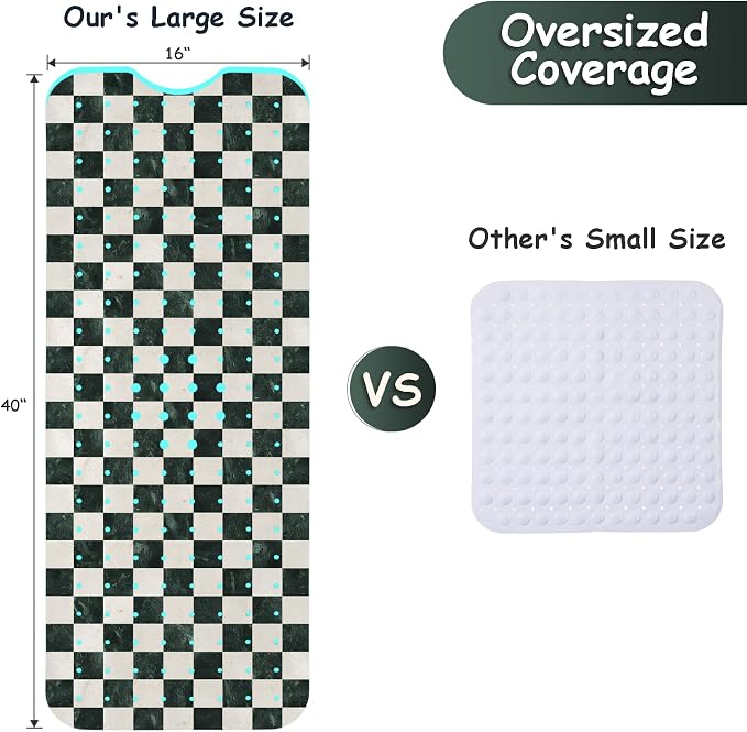 Bathtub Mat Non Slip, Checkered Extra Long Bath tub Mat Shower Floor Mat with Suction Cups and Drain Holes for Adults Kids Elderly 40 X 16 Inch